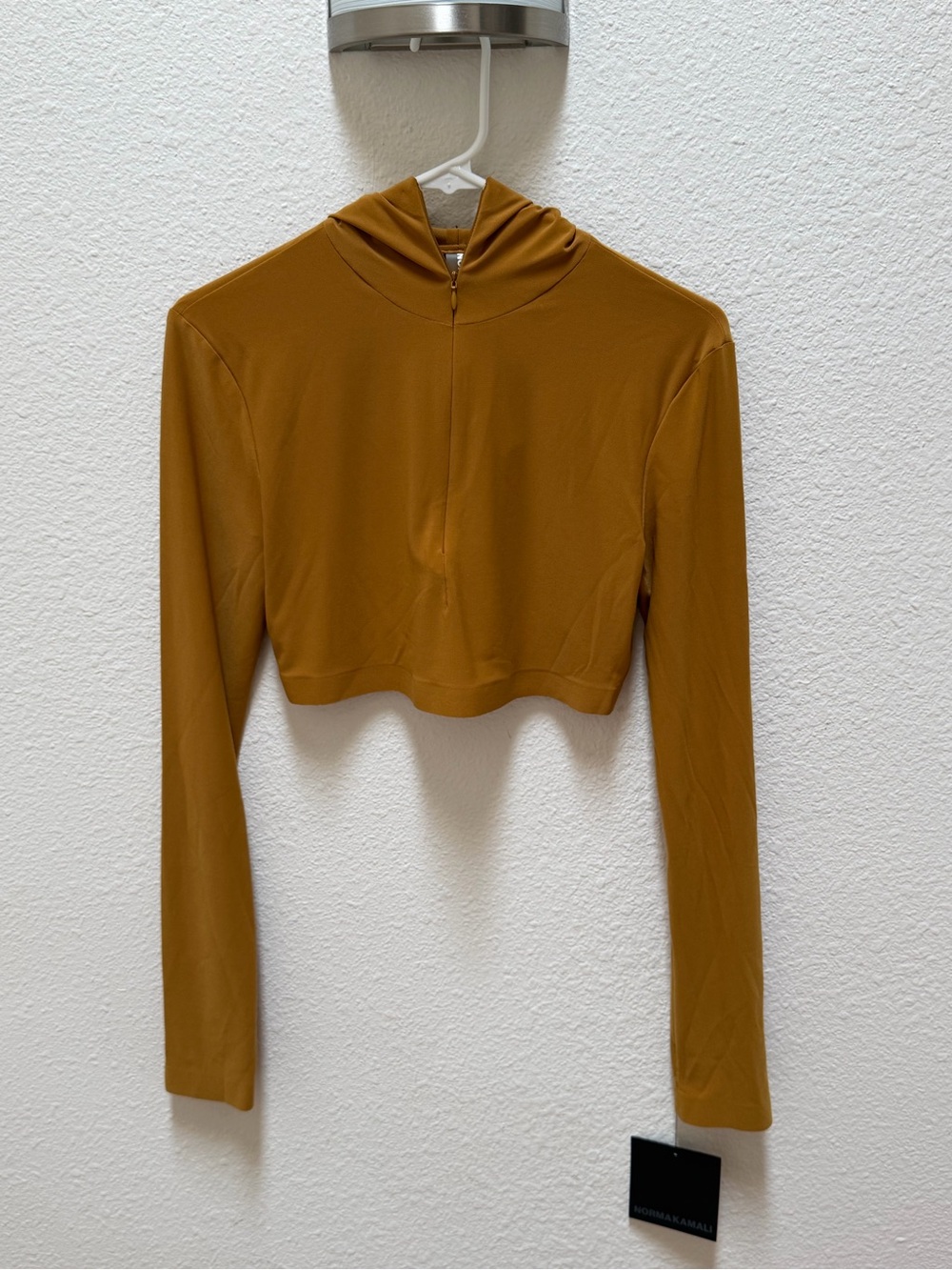 Norma Kamali Long Sleeve Turtle Skull Cap Cropped Top in Mocha - Picture 2 of 5